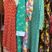 Group lot - ladies mostly vintage colorful dresses incl, Ilgwu of USA, Atlelier Goldnex Schnitt - assorted fabric designs incl, geometric, stylized fl - Sold for $25 - 2017
