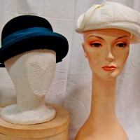 Group lot - small thick cardboard hat box & 2 x ladies hats, black bowler hat type by Mandy Murphy with deep blue band & white 'Hegar' stitched beret  - Sold for $25 - 2017