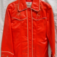 Vintage Ladies ROEBUCK Label red Vinyl WESTERN JACKET - Pearl snap closure, Embroidered detail to top & cuffs, size 12 - Sold for $37 - 2017