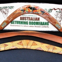 3 x Australian aboriginal boomerangs one with pokerwork design - Sold for $43 - 2017