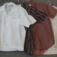 4 x Vintage c196070's men's Summer SHIRTS - Fab Bowling Shirts, Light weight Polyester & other breathable man made materials P - Fab Designs, Labels,  - Sold for $31 - 2017