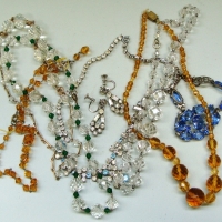 Group lot - vintage costume jewellery  incl, crystal and rhinestone necklaces, blue glass bracelet, earring, etc - Sold for $50 - 2017