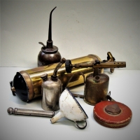 Group of tools including brass fire extinguisher, oiling cans, blow torch etc - Sold for $81 - 2017