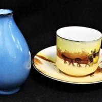 Group lot - 1930's Royal Doulton  Coaching Days series ware cup and saucer & 1930's blue Shelly Vase with black trim - 11cms H - Sold for $25 - 2017