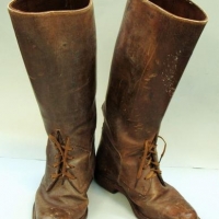 Pair - Vintage c WW1 men's brown Leather BOOTS - 5 x Lace up Holes to front, no makers marks sighted, some repair needed to back seems, approx size 7 - Sold for $124 - 2017