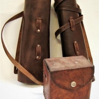 Small lot - pair Vintage cWW1 LEATHER Gaiters and lovely old leather Box w Belt slits - Sold for $50 - 2017
