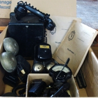Box of vintage telephone & electrical equipment incl receivers, plugs, switches etc - Sold for $50 - 2017