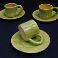Vintage Australian Pottery - Allan Lowe - set of 3 pale green glazed ceramic demitasse & saucers - incised and dated (1948) to base - Sold for $25 - 2017