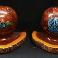 Vintage pair Mulga Wood bookends with RAAF & Camberwell Grammar transfers - Sold for $25 - 2017