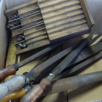Box with rasps & files & wooden box of brace drill bits - Sold for $31 - 2017