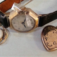 Group lot - vintage ladies 9ct rose gold watch with leather strap, white opal in 9ct mount & heart shaped rose gplate locket - Sold for $31 - 2017