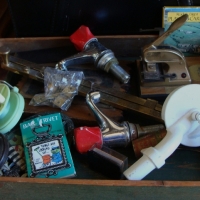 Tray of blokey items incl fishing reels, carpenters square etc - Sold for $50 - 2017