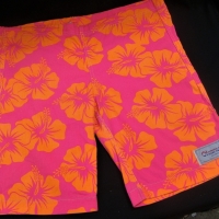 Fab Pair vintage c1980's OKANUI Hawaiian print BOARD SHORTS - Flouro Pink w Orange Hibiscus - Original Tags & Velco back pocket, large size - Sold for $25 - 2017