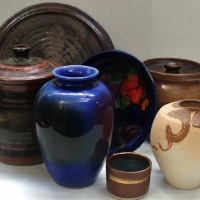 Group lot - Modern AUSTRALIAN Pottery - ARNAUD BARRAUD Vase, Charles Wilton Lidded Jar, Chargers, etc - all pieces Signed or marked w Impressed Monogr - Sold for $25 - 2017