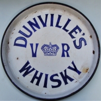 c1900 Enameled DUNVILLE WHISKY Tray - Blue text on white ground, w Crown & V R logo to centre - marked made in Belfast verso - 305cm Diam - Sold for $130 - 2017