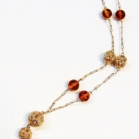 14Ct Gold chain necklace with amber pendant, filigree & amber balls - Sold for $81 - 2017