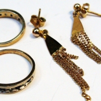 2 x pair 9ct gold earrings - hoops set with small diamonds & sapphires & pair dangles with chain tassels - Sold for $62 - 2017