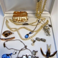 Box lot vintage costume jewellery incl Pearl necklaces, silver clasp, swallow shell brooch, moonstone necklace with earrings, blue drop necklace , ear - Sold for $56 - 2017