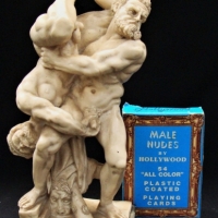 Group lot - Italian wrestling figurine & Male nude playing cards - Sold for $56 - 2017