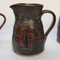 3 x Pces - HAROLD HUGHAN Australian Pottery - 2 x Tankard Mugs + Jug - all w Earthy toned Glazes & all signed - Sold for $62 - 2017