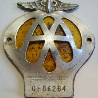 Vintage AA Car Grill Badge - Original Yellow backing, all markings to lower section incl Serial Number 0F86264 - Sold for $56 - 2017