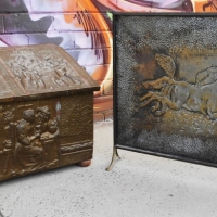 Vintage brass firebox with embossed drinking scene & fire screen with galloping horses - Sold for $43 - 2017