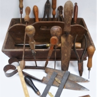 c1900 Australian Cedar Cutlery tote with cute hand tools incl Boxwood, beech, ebony & fruitwood handles - Sold for $62 - 2017