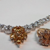 2 x pces Ladies silver jewellery - oval ring with citrine coloured stone surrounded by rhinestone & necklace with same yellow stone & rhinestones - Sold for $62 - 2017