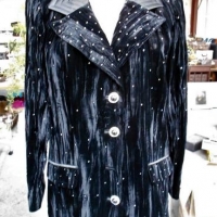 Ladies vintage Balencia Couture black velvet textured evening jacket with applied small Rhinestones & ornate buttons - Sold for $56 - 2017