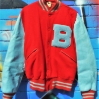 Vintage Butwin letterman jacket - red with blue leather sleeves, size 40 - Sold for $62 - 2017