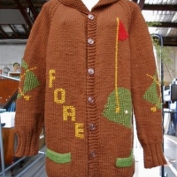 Vintage men's hand knit long brown cardigan with embroidered 'GOLF' - Sold for $25 - 2017