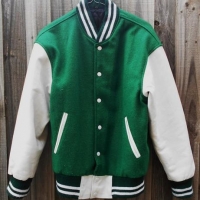 Vintage style LETTERMANVarsity Jacket - Green Woolen mix w White Vinyl SLEEVES & Trim - small size - Sold for $31 - 2017