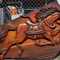 Large & heavy framed 3d wooden horse funning free wall hanging signed lower left - Sold for $75 - 2017