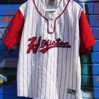 Vintage HOUSTON Baseball JERSEY - White w Thin red Pinstripes & Sleeves, 3 button up neck, applied text across front, Medium size - Sold for $31 - 2017