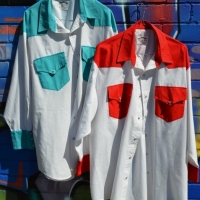 2 x Vintage c1980's Men's Pearl Snap WESTERN SHIRTS - both WESTROCK OZWEAR Labels - White w Red Details + White w Turquoise details, both size XL - Sold for $35 - 2017