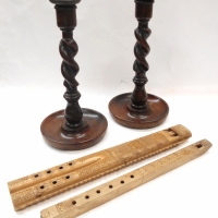 Group incl carved tribal flutes & spiral stem oak candlesticks - Sold for $62 - 2017