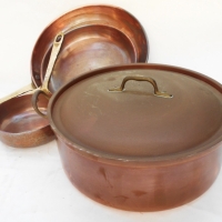 Group of copper & brass saucepans & frying pans - Sold for $37 - 2017