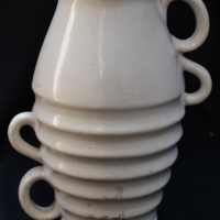 Vintage BENDIGO Waverly Ware Art Deco vase - White glaze, Displaced Handles to either side at top & bottom, ribbed body, inclised number to base & Ori - Sold for $31 - 2017
