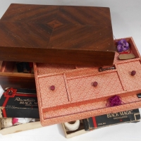 Vintage Veneered walnut sewing box & contents - Sold for $62 - 2017