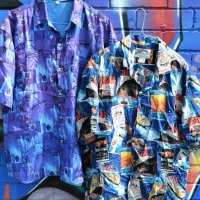 2 x Mens vintage colourful short sleeved SUMMER SHIRTS - Fab Hawaiian PARADISE Found Label w Travel Poster design + Champagne Silk made in Thailand La - Sold for $37 - 2017