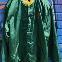 Fab Vintage c1970's Mens Satin TASMANIAN TIGER Football Bomber Jacket - Bright Green w Yellow cuffs & collar, embroidered design to front, Large size - Sold for $25 - 2017