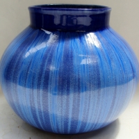 Unmarked MELROSE Australian Pottery VASE - Ball shaped w short neck, Blue Drip glazes, 16cm H - Sold for $87 - 2017