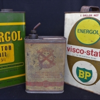 3 x Vintage oil tins COR Engergol, BP Energol  Vvisco-static and Redex oils - Sold for $62 - 2017
