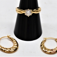 Group lot ladies gold jewellery - 9ct ygold ring set with white stone & pair ygold patterned hoop earrings - Sold for $50 - 2017