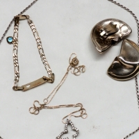 Small group lot - Sterling silver jewellery items incl chunky 70s clip on earrings, bracelet & chains - Sold for $31 - 2017