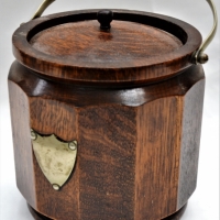 c1910 oak ice barrel with silver plated shield & handle - Sold for $25 - 2017