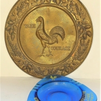 2 x Items - Vintage Courage beer brass rooster plate & glass ashtray - Sold for $27 - 2017