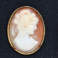 Group lot vintage shell cameo jewellery - broochpendant with gold mount & pair of earrings with marcasite surround - Sold for $37 - 2017