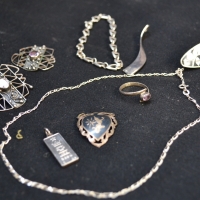 Small box lot silver mainly jewellery - bracelet, chain, pendants, ingot, large earrings, etc - Sold for $43 - 2017