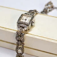 Vintage ladies Bucherer silver Marcasite cocktail watch - marked 800 & working, original box - Sold for $68 - 2017